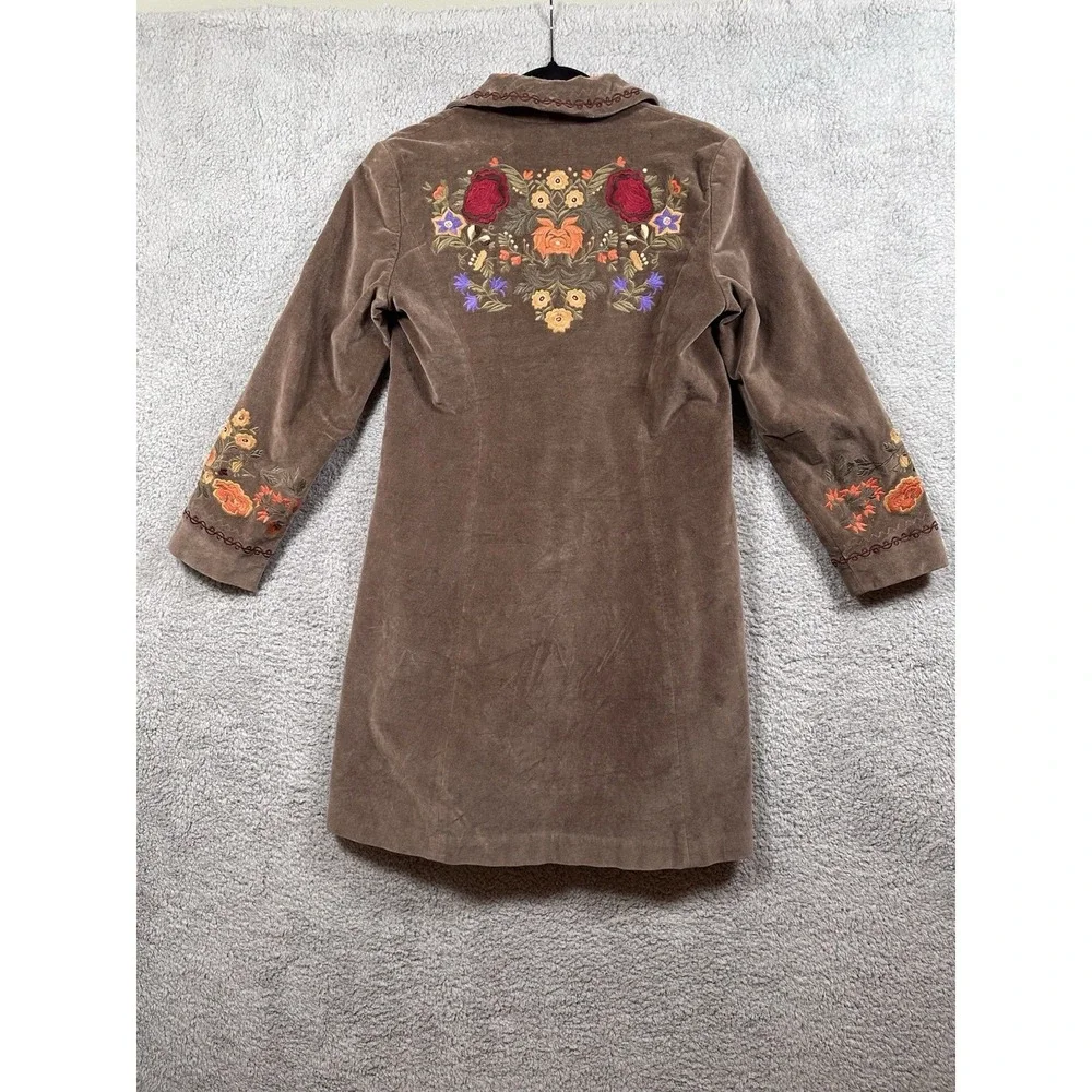 J Jill Women's‎ Floral Embroidered Jacket Coat Duster Boho Hippie Brown XS